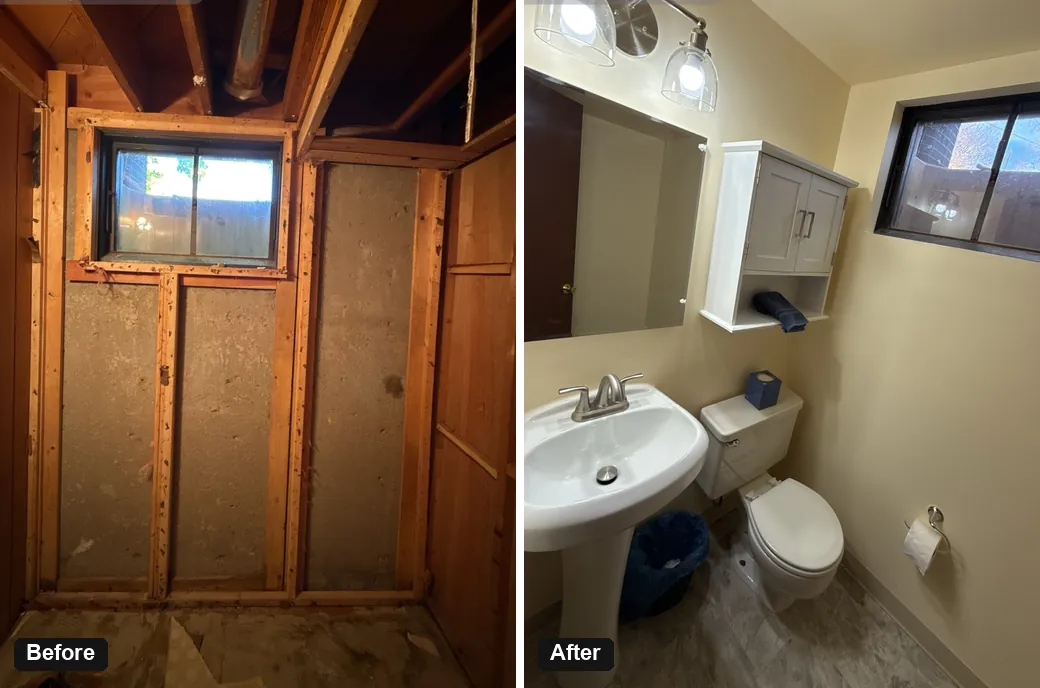 Basement bathroom before and after a water damage rebuild – Arvada, CO