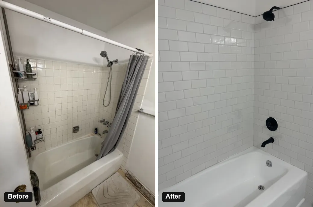 Tub surround before and after new subway tile – Denver, CO