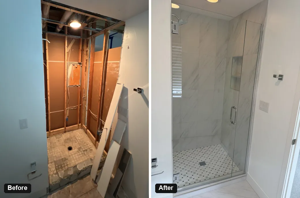 Shower before and after a full rebuild with tile and glass door – Denver, CO