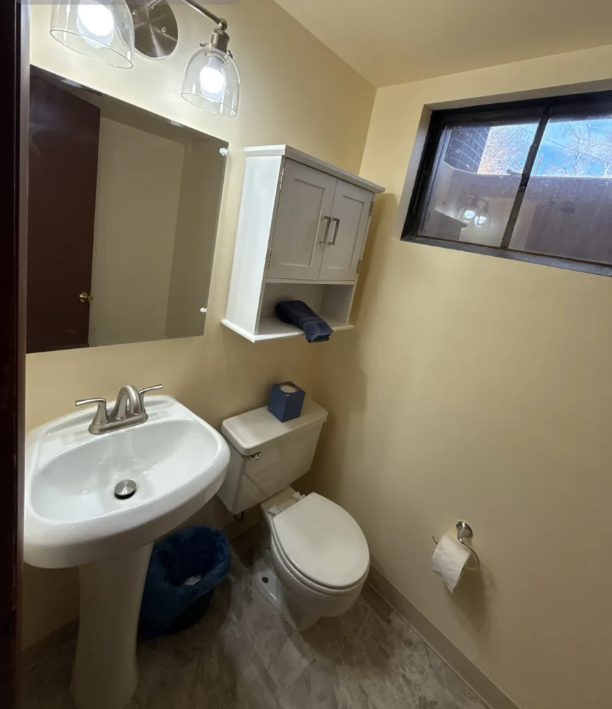 Basement bathroom rebuilt with new flooring, paint and fixtures after water damage – Arvada, CO